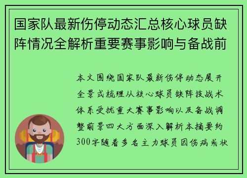 国家队最新伤停动态汇总核心球员缺阵情况全解析重要赛事影响与备战前景
